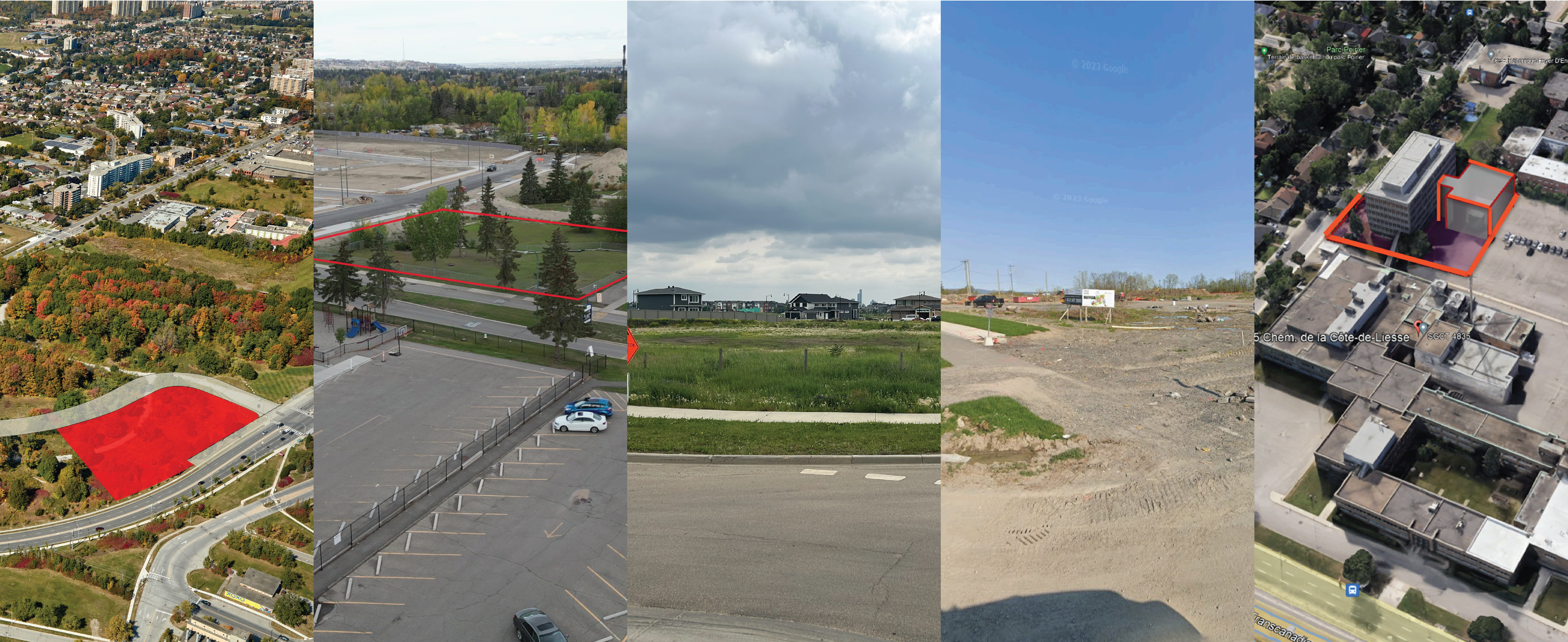 Collage of five vertical images showing aerials and street views of properties related to the information on this page