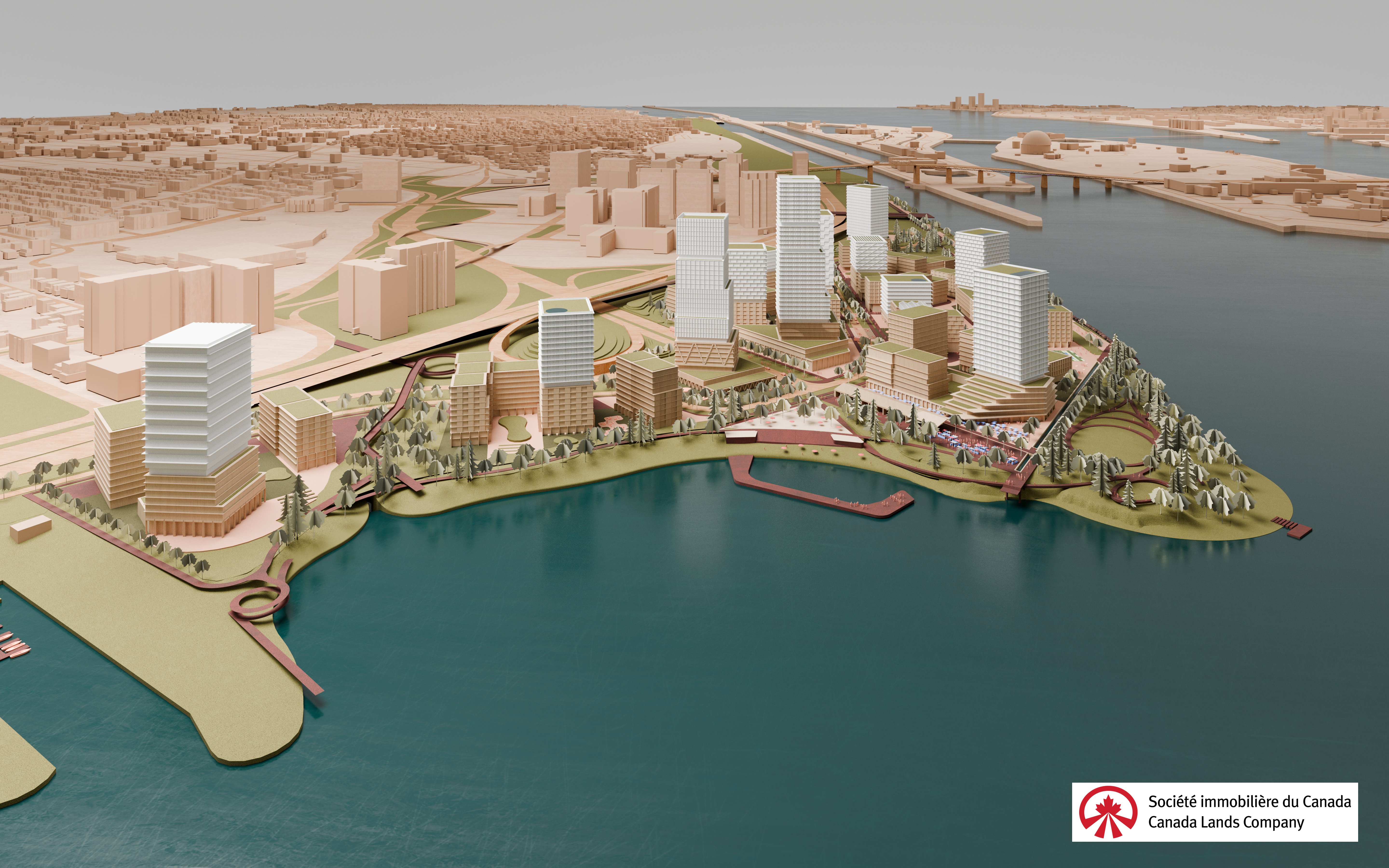 An aerial rendering showing a prospective future of Pointe de Longueuil