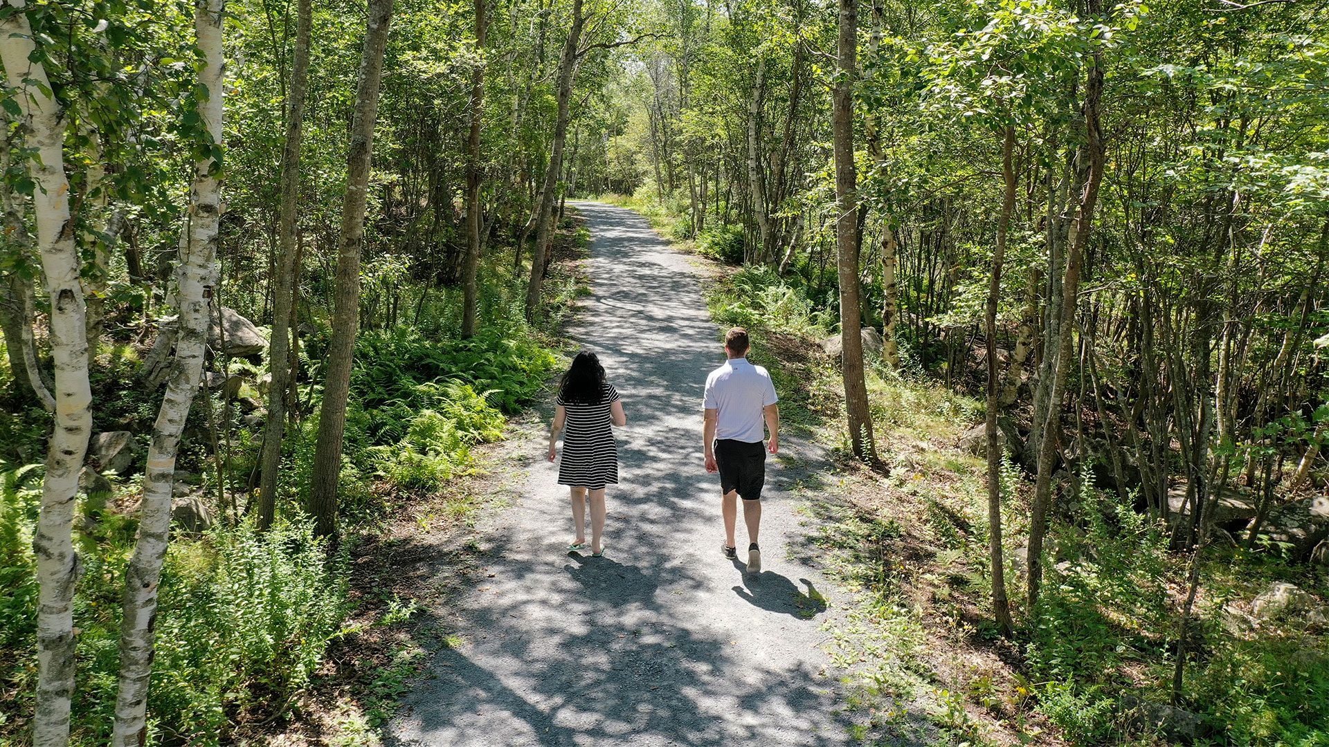 Two people walk along a path surrounded by trees