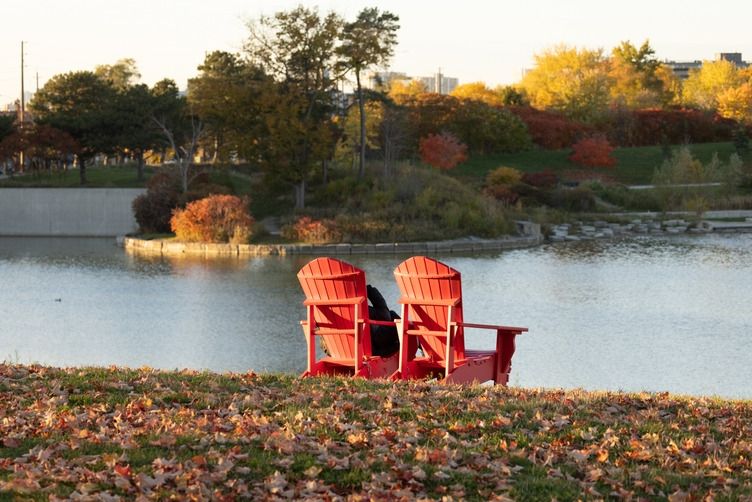 Two chairs shown at Downsview facing a pond