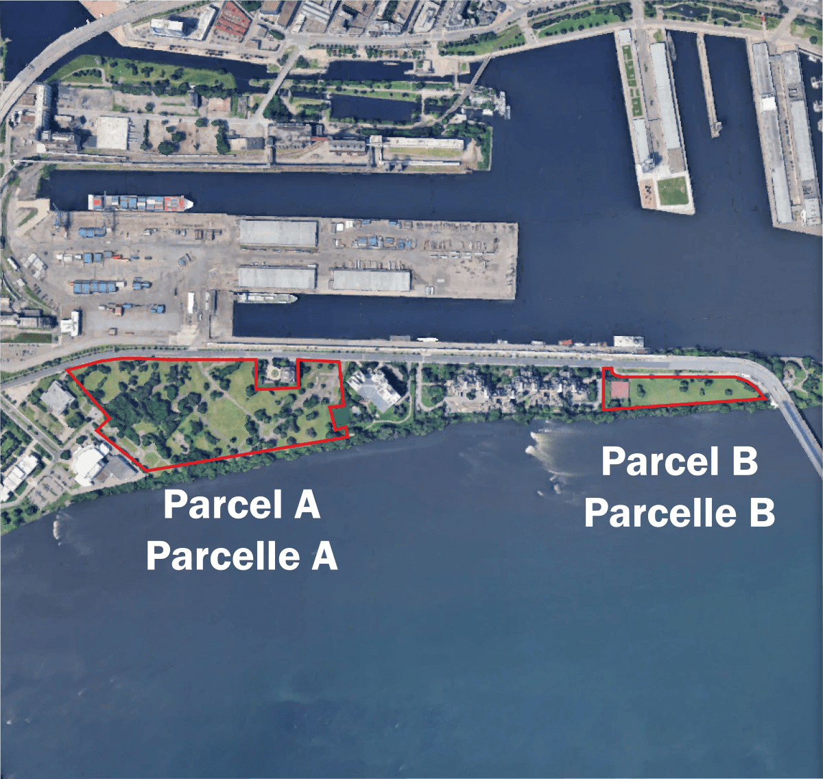 Aerial image showing two parcels at Cité du Havre