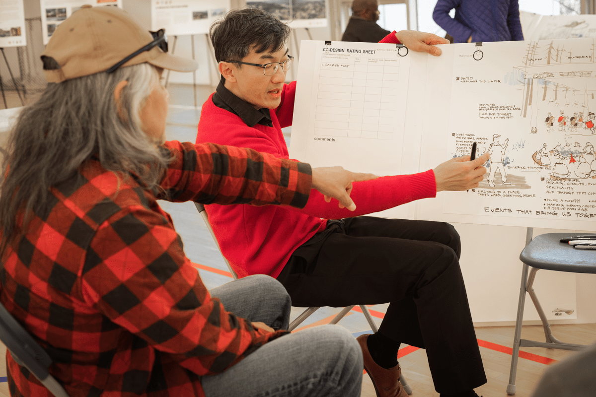 Two men sit together to review illustrations