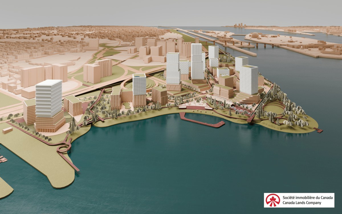 An aerial rendering showing a prospective future of Pointe de Longueuil