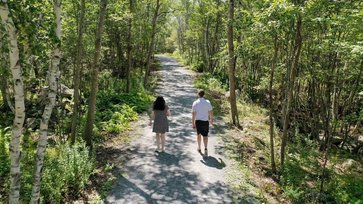 Two people walk along a path surrounded by trees