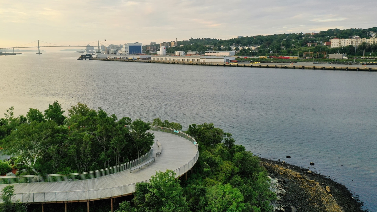 A harbourfront view at sunset