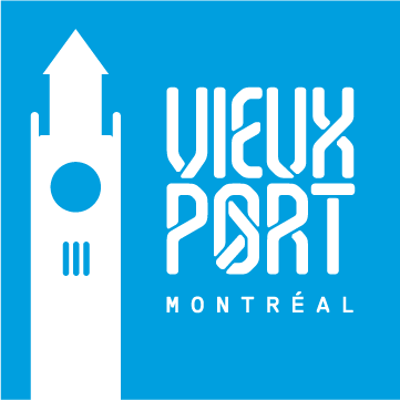 Le logo du Vieux-Port de Montréal sur fond bleu avec l'image de la tour de l'horloge