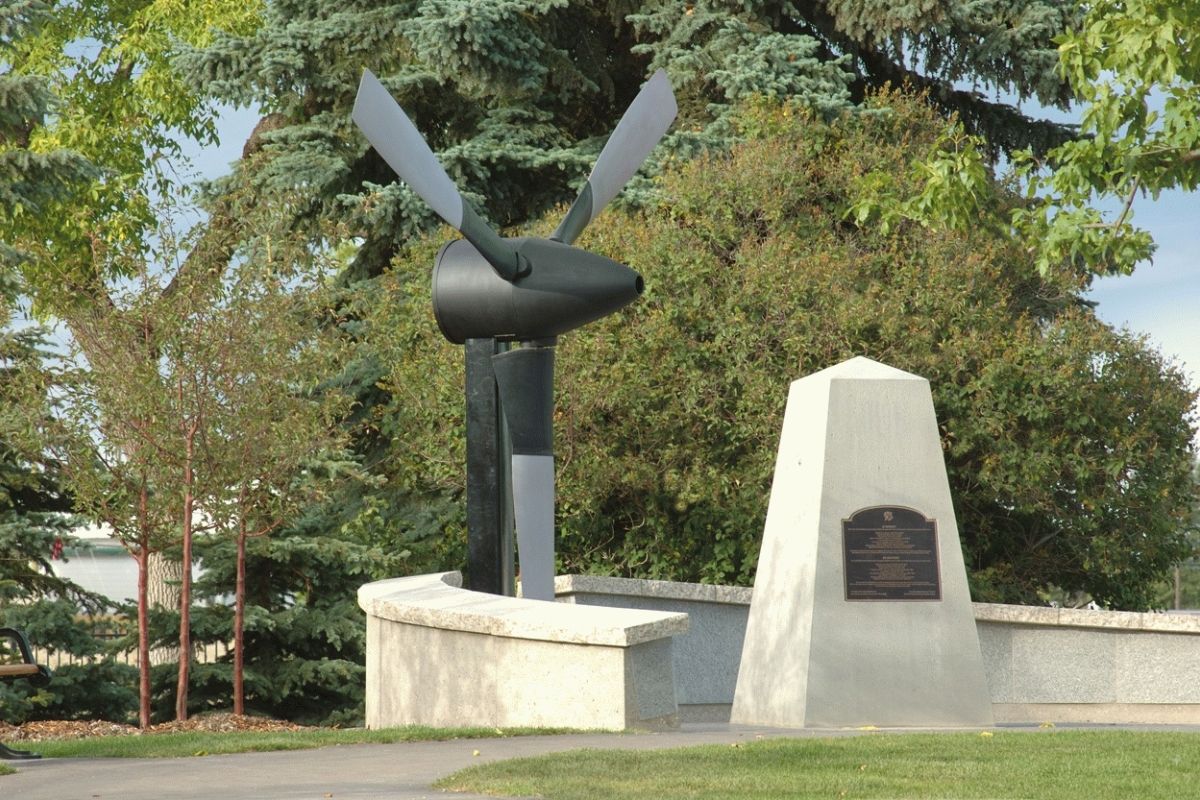 A statue of a propeller shown on the Garrison Green property