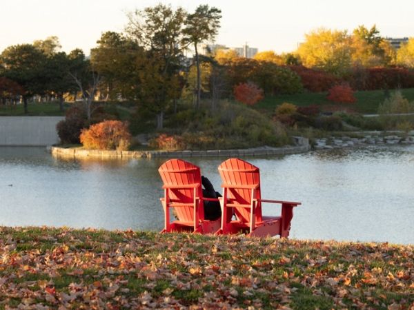Two chairs shown at Downsview facing a pond