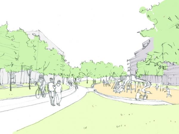 A rendering of the William Baker park space and bike lane